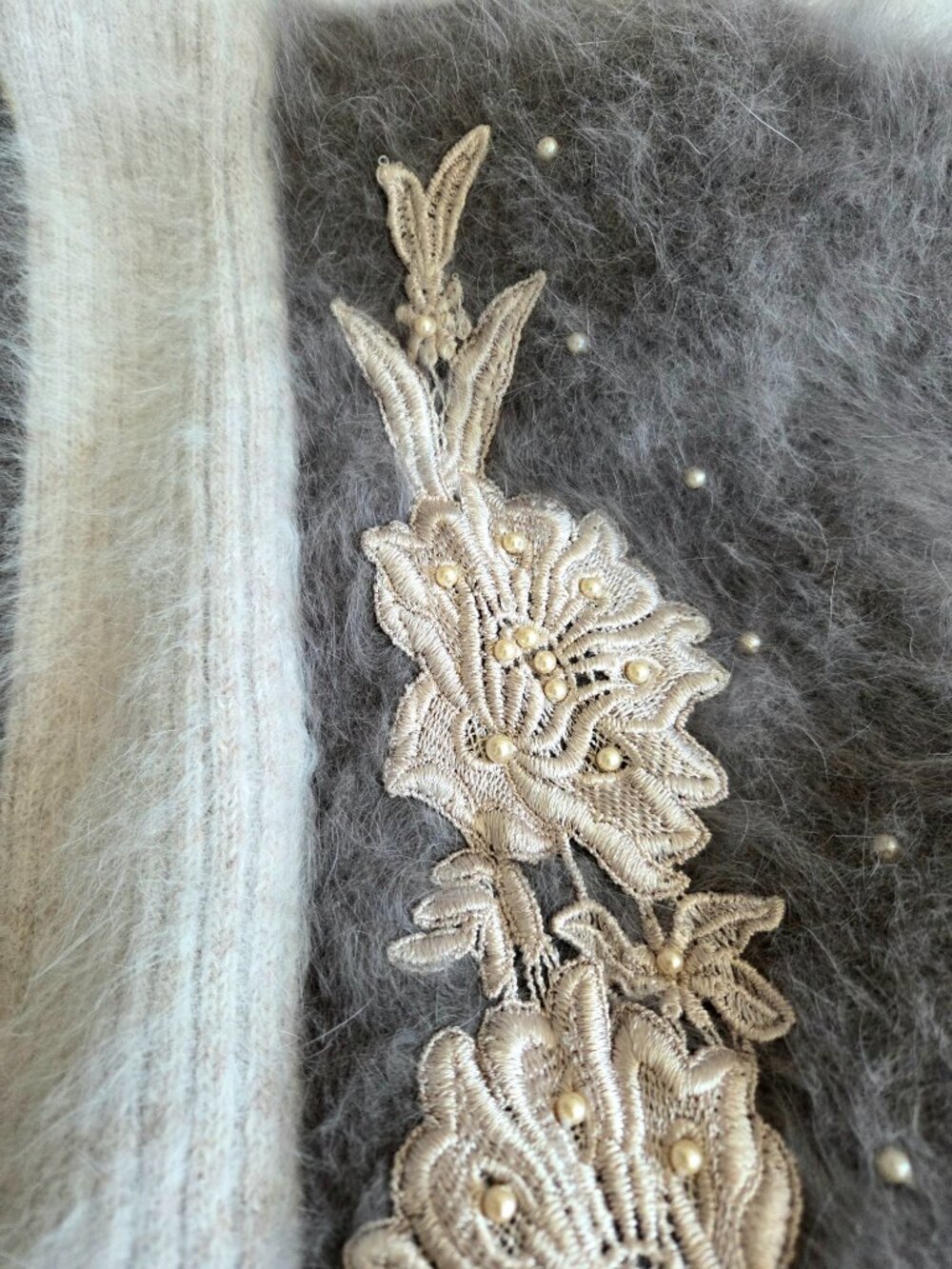 Angora Blend Long Cardigan with Floral Applique Embroidery Beaded Design. - Picture 4 of 8